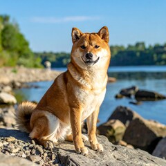 A golden-red dog sits on rocks by a calm lake, the water reflecting a bright blue sky. Green trees line the background