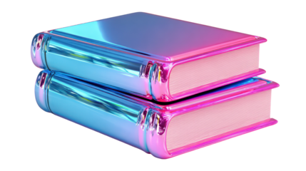 Two glossy neon books with vibrant pink and blue reflections on transparent background
