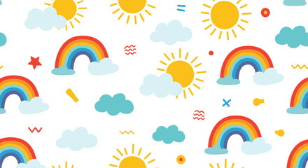 Obraz premium Seamless vector pattern featuring colorful rainbows, suns, clouds, and stars in a playful and cheerful design for children or baby products.