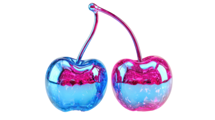 Two glossy neon cherries with vibrant pink and blue reflections on transparent background