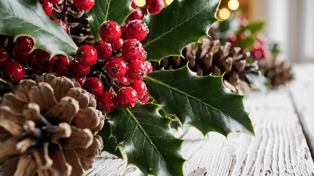 Holiday Arrangement: A seasonal close-up of a festive holiday arrangement, featuring vibrant holly berries, pine cones, and lush green leaves, evokes the warm, joyful spirit of the festive season.