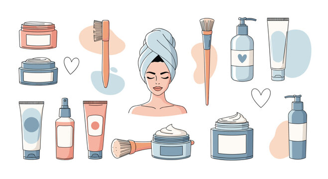 Collection of skincare and beauty products including creams, lotions, and brushes with a woman with a towel on her head in a flat design.