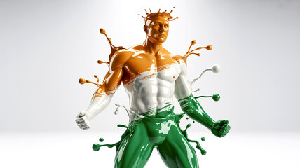 indian flag colure men splash milk Human Figure Created from Flowing Milk, Dressed in the Sacred Saffron, White, and Green of the Indian National Flag
