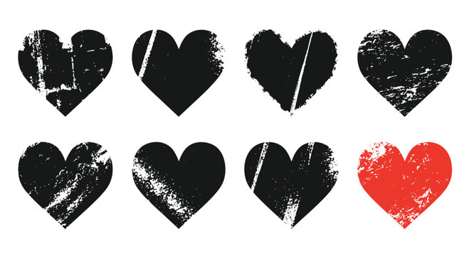 Set of eight distressed heart shapes in black with one unique red heart, symbolizing individuality or special love.