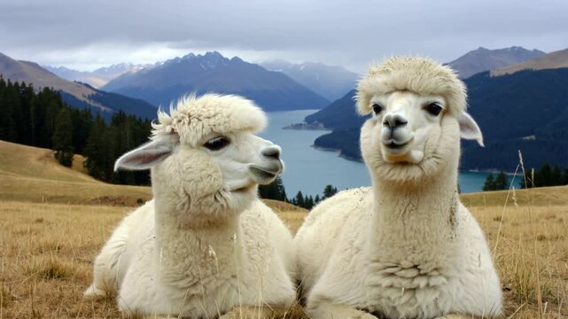White alpacas sitting in a field