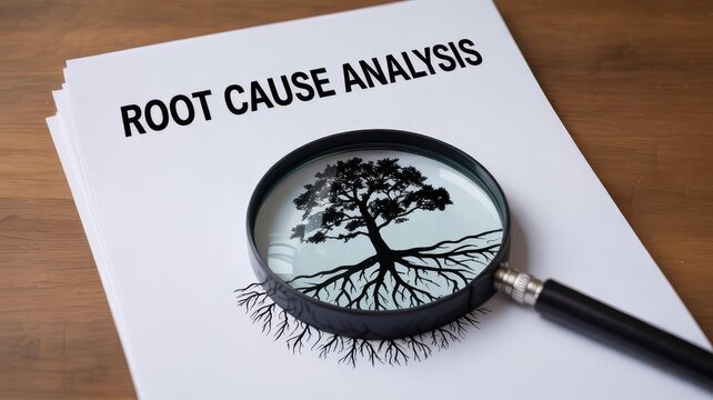 Visual representation of root cause analysis concept using a magnifying glass focused on a tree diagram illustrating deep investigation of underlying problems