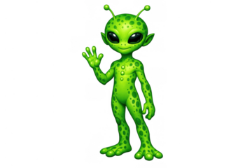 Green extraterrestrial character waving hand, welcoming visitors from outer space, transparent background sci-fi illustration