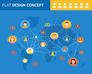 Naklejka premium flat design concept featuring a world map and interconnected user profiles