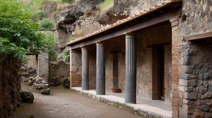 Fototapeta premium Exploring the exterior wall and columns of an ancient roman house in pompeii showing how people lived during that time