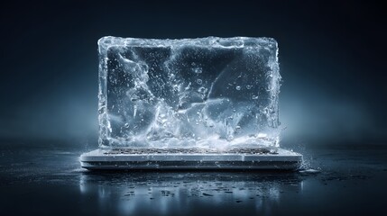 Frozen Laptop Inside Transparent Ice Block on Dark Background, Technology Failure and Cold Storage Concept