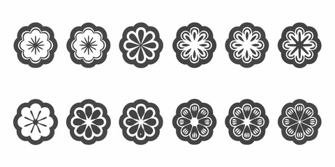 a row of stylized floral icons in black and white decorative and patterned
