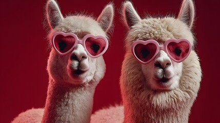 Obraz premium Two Alpacas Wearing Pink Heart-Shaped Glasses, Funny Valentine and Love Concept