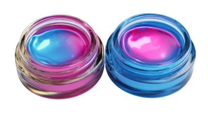 Two glossy neon vegan cosmetics with vibrant pink and blue reflections on transparent background