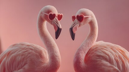 Two flamingos wearing heart shaped glasses, romantic couple and valentine concept