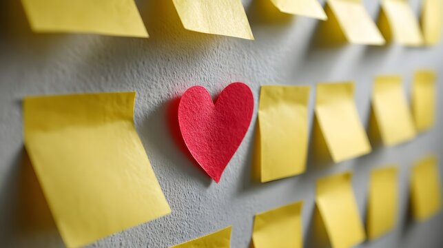 Red heart shaped sticky note among many yellow notes on office wall