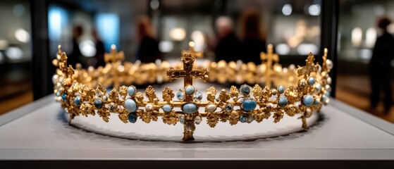 Golden crown with jewels and cross displayed in museum showcases royal history to visitors
