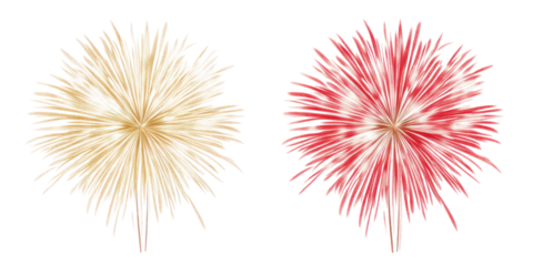 Golden and red firework bursts isolated on transparent background