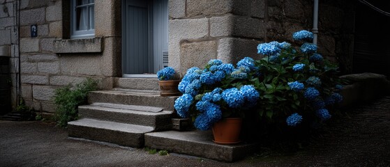 Old stone house in the Scottish countryside with hydrangeas at the entrance and a wooden sign