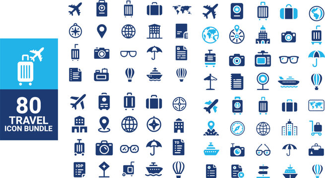 A collection of travel icons depicting various modes of transport and travel essentials