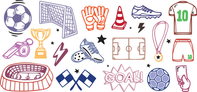 Vector football illustration set with soccer ball, goal, jersey, boots, gloves, trophy, stadium, medal, and field. Perfect for t-shirts, posters, stickers, sports graphics, and merchandise