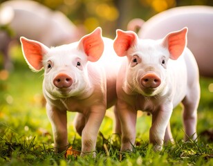 Two pink piglets stand side-by-side in a field of green grass, basking in the warm sunlight with other pigs in background