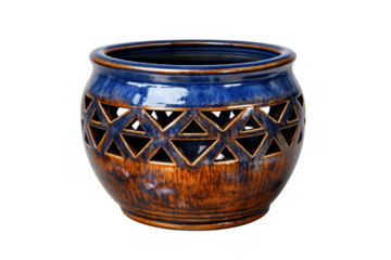 Decorative blue and brown ceramic planter with cutout geometric triangle pattern, empty flowerpot, transparent background