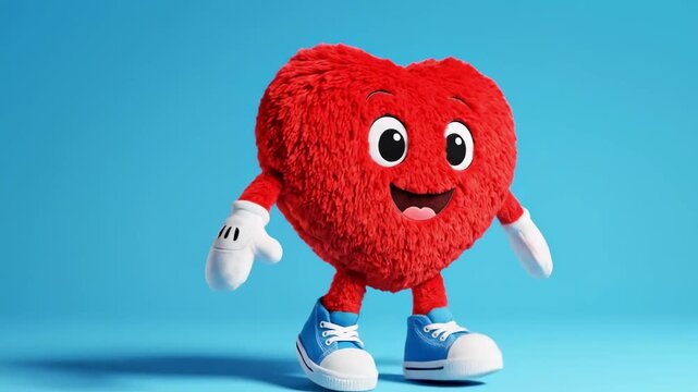 Animated red heart character dancing on blue background