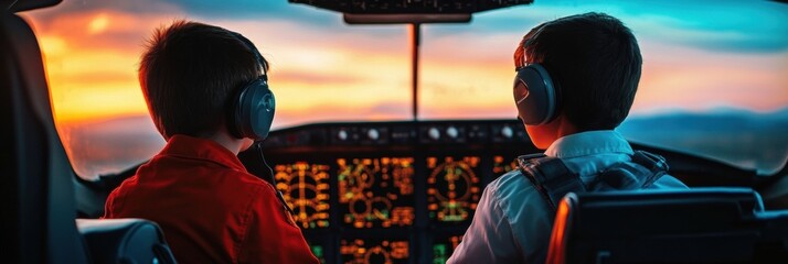 Children experiencing flight simulation aviation cockpit digital content sunset background close-up view excitement of learning
