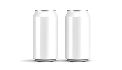 Two pristine, tall, glossy white beverage cans stand side-by-side against a stark white background