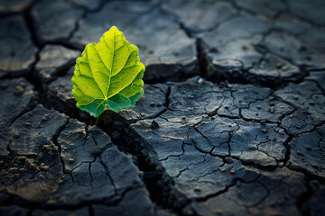 Resilience and hope: green leaf thrives in cracked dry earth