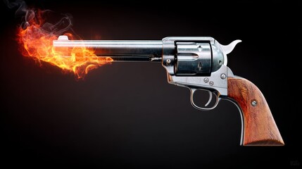 Single action revolver with a 7.5 inch barrel, emitting flames and smoke, captured in hyper-realistic detail against a dark background with dramatic lighting and sharp focus, showcasing premium crafts