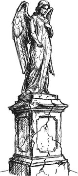 Angel Statue on Cracked Pedestal Vintage  