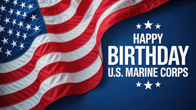 United States Marine Corps birthday celebration graphic featuring a detailed American flag waving dramatically against a rich blue background with bold white text.