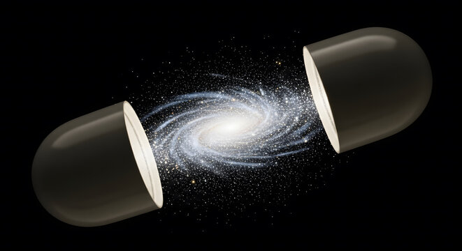 Black medical capsule splitting open to release a bright spiral