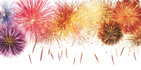 Vibrant fireworks display on transparent background
