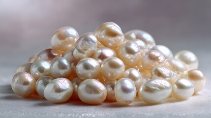 Pile of luminous pearls in cloud dancer white color on soft neutral fabric
