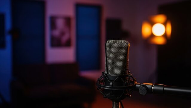 Professional Condenser Microphone on Stand in Dark Studio with Blue and Orange Contrast Light