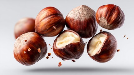 Obraz premium Roasted hazelnuts without peels, showcasing a dynamic arrangement of five to seven nuts in mid-air, with a clean white background and subtle bokeh effect for a striking visual appeal