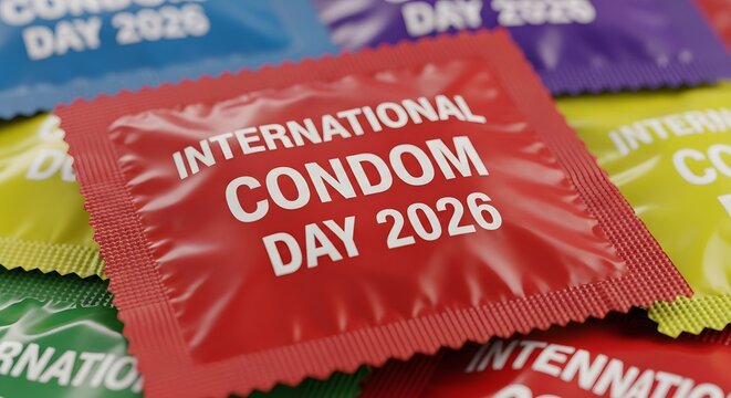 Close up of international condom day 2026 text on red condom wrapper