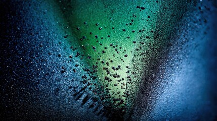 Close-up capturing droplets on a textured surface with shades of blue and green under low light conditions