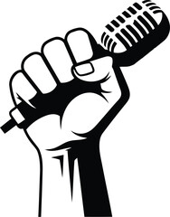 Obraz premium Vector illustration of Graphic raised fist with microphone, activism emblem, isolated on transparent background