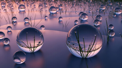 Mystical Reflections: Captivating orbs of water reveal miniature worlds within, as droplets of water delicately rest on blades of grass, creating a breathtaking tapestry of nature's beauty