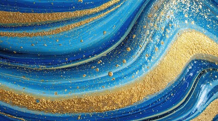 Bright blue and gold paint swirling together in abstract lines creates a bold artwork on a canvas surface in daylight