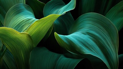 Curved green leaves with different shades and textures in dark background during a bright day