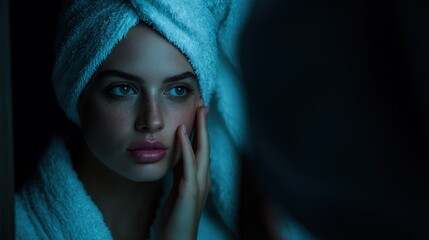 Young woman looks at reflection while touching her face after a shower in the evening