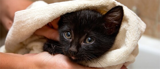 Black cat is bathed by owner and wrapped in white towel in bathroom with neutral background during late afternoon activity