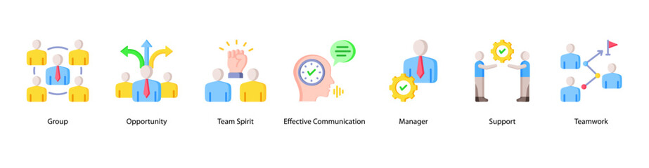 Team Collaboration web banner vector illustration featuring Group, Opportunity, Team Spirit, Effective Communication, Manager, Support, and Teamwork.