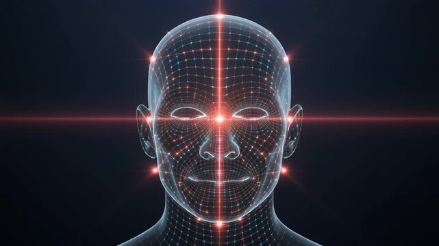 Digital Wireframe Human Head with Glowing AI Facial Recognition Scan