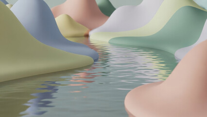 Abstract Landscape and Water Reflection: An ethereal composition unfolds, as pastel-hued, undulating forms dance along the reflective surface of tranquil water. Capturing a serene, surreal vibe.