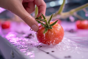 Hand picks a fresh tomato from hydroponic system under LED lights in a garden setup focused on sustainable agriculture